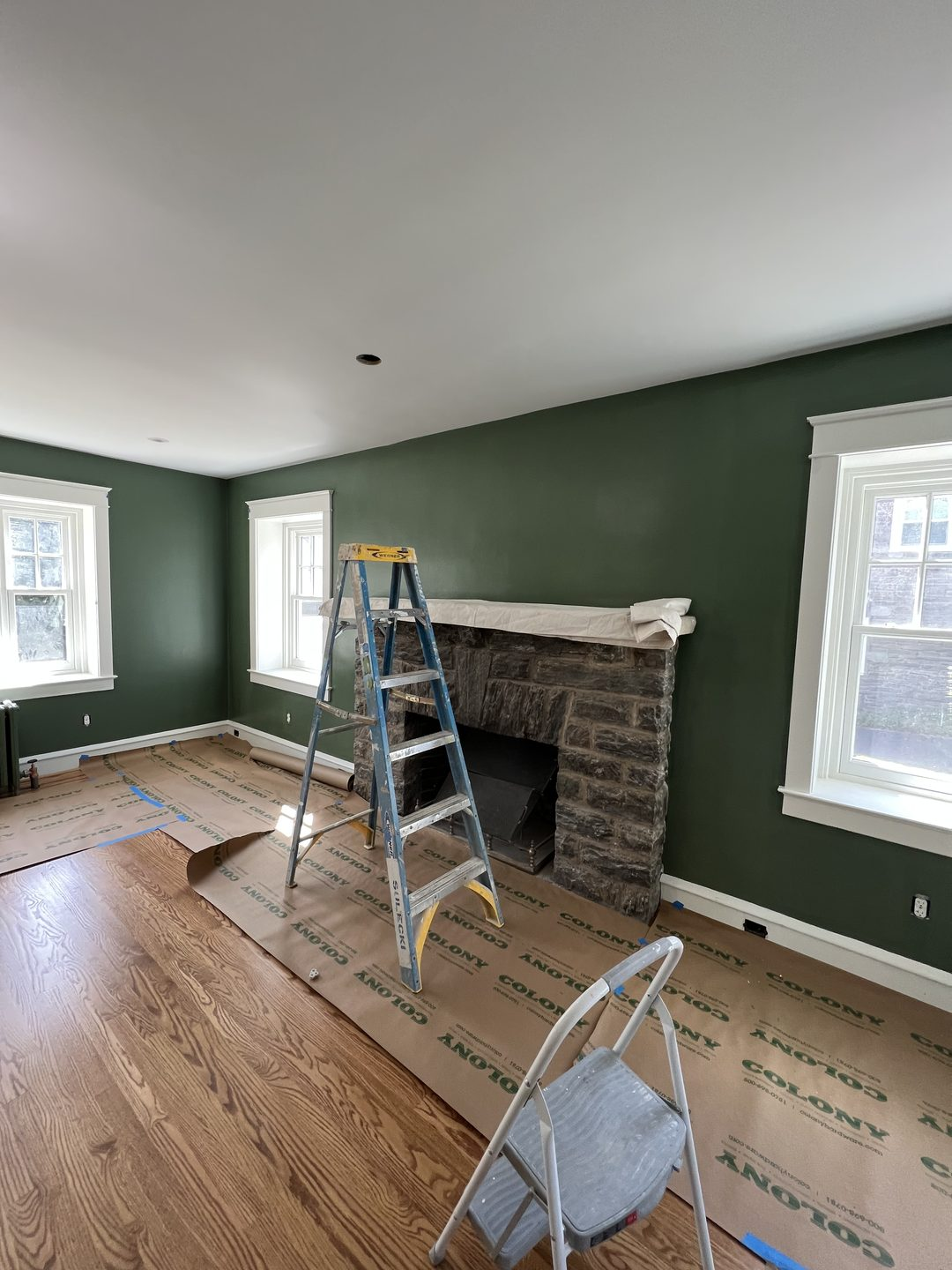 Philadelphia living room painted by BrightLight, with a stone fireplace and white trimmed windows, used for the color preview